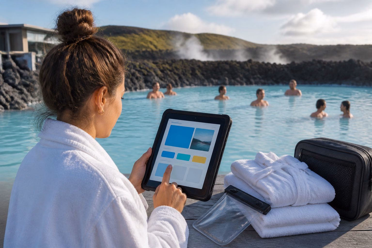 Visitors relax in Iceland’s Blue Lagoon while a traveller checks a booking device beside the geothermal water.