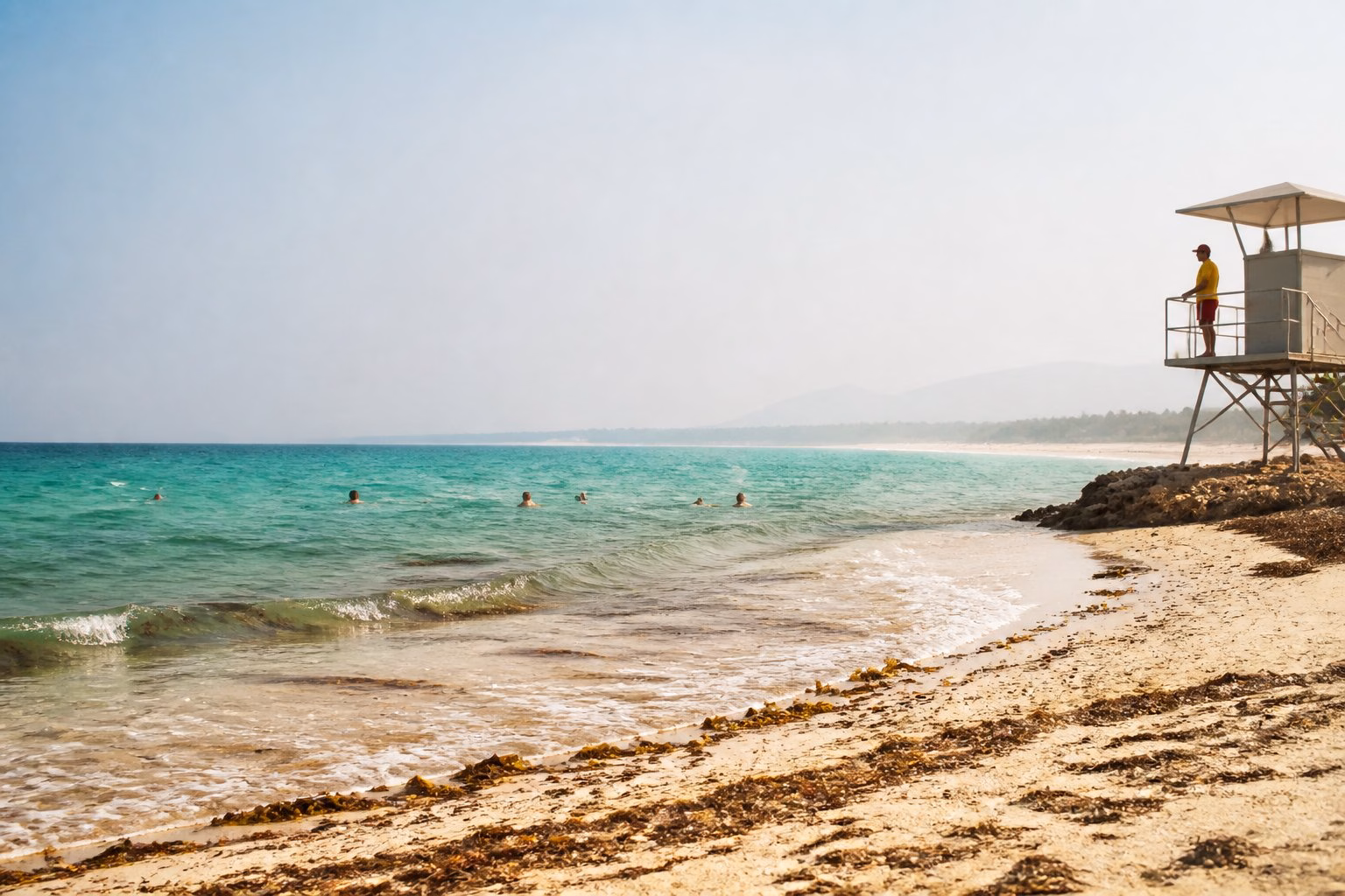 Swimmers enter warm coastal water with gentle waves, seaweed, and a lifeguard watching from the beach.