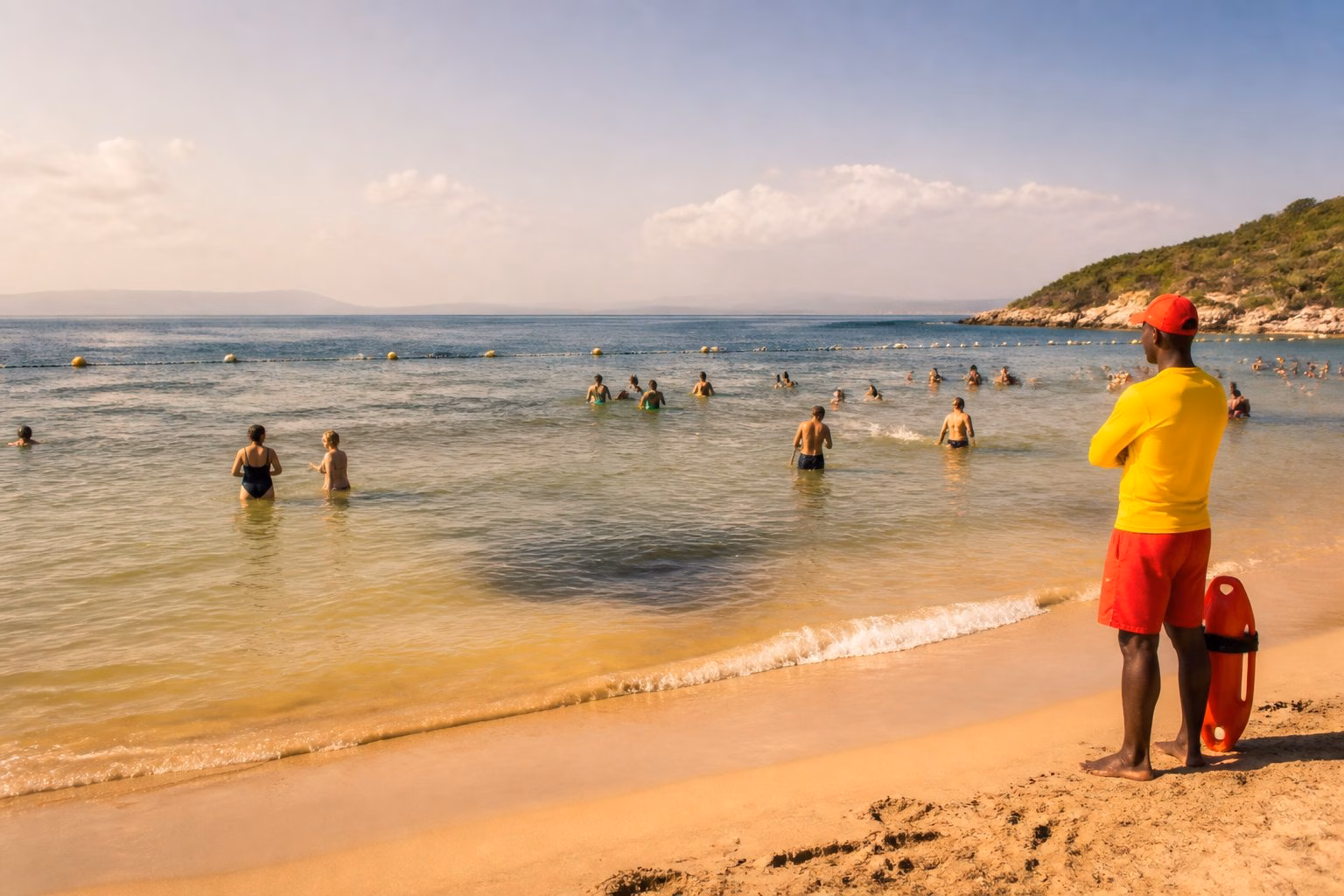 Swimmers and a lifeguard at a warm, hazy beach with calm sea conditions.