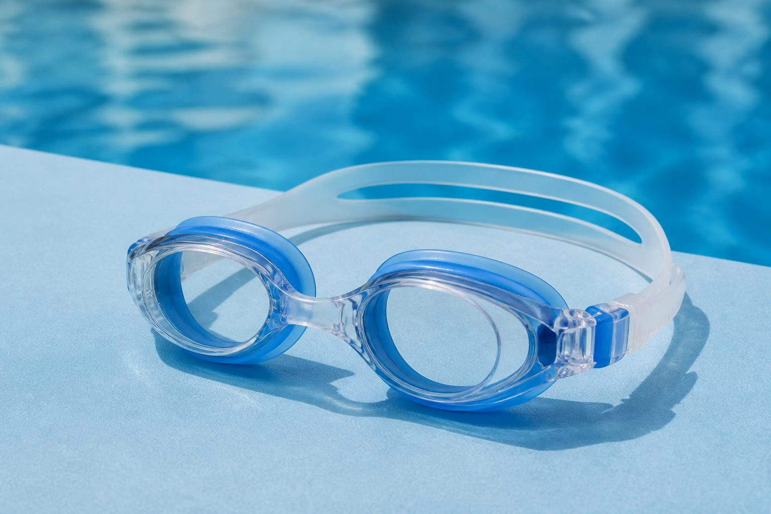Prescription swimming goggles beside a swimming pool.