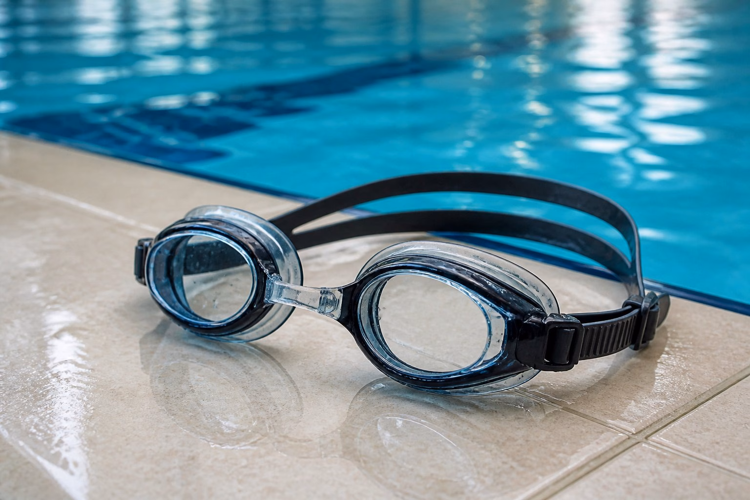 Prescription swimming goggles resting beside a clear blue swimming pool.