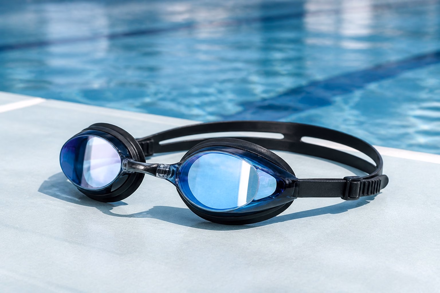 Mirrored optical swimming goggles beside the edge of a clear blue pool.