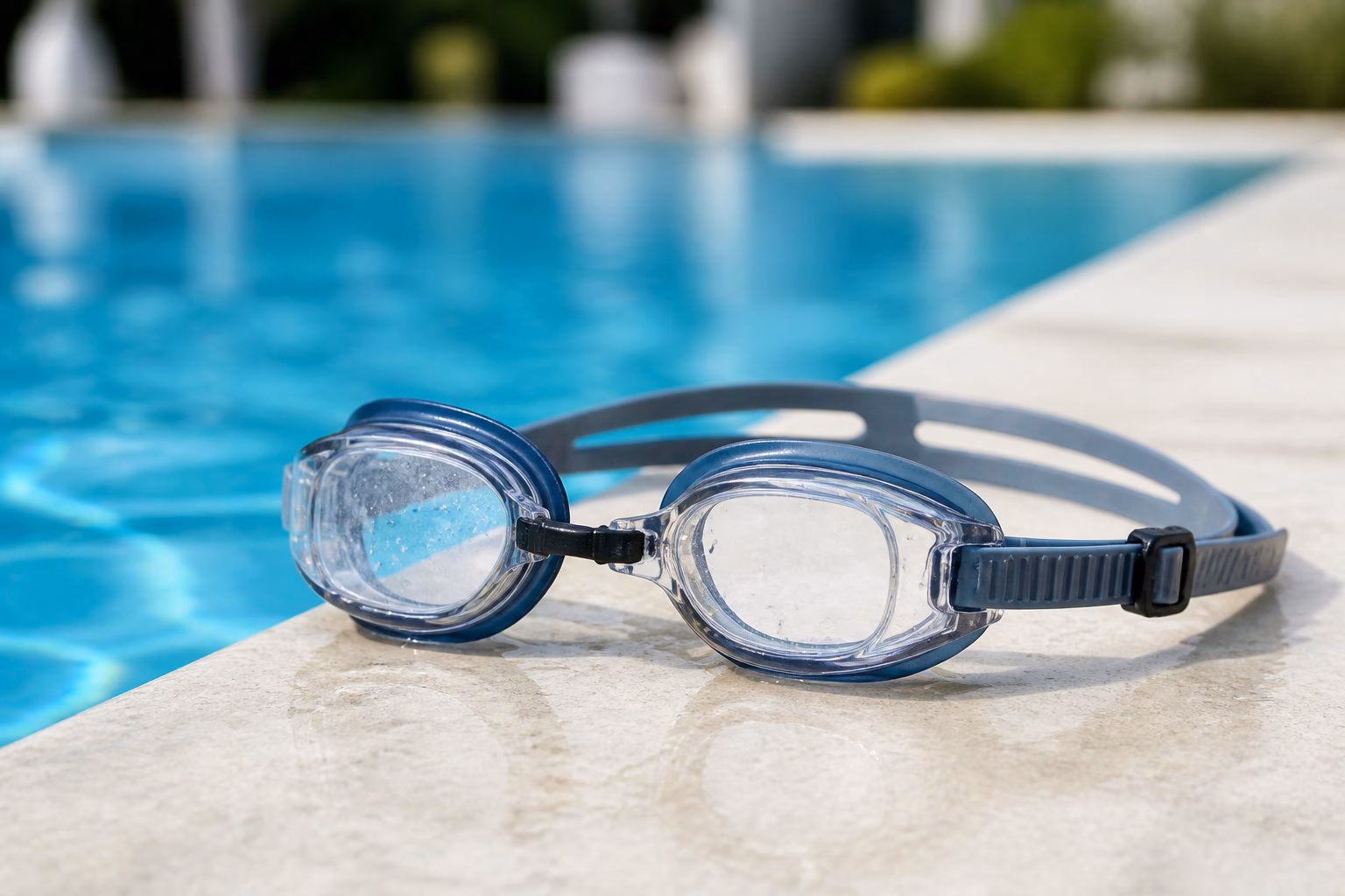 Prescription swimming goggles resting on the edge of a turquoise swimming pool.