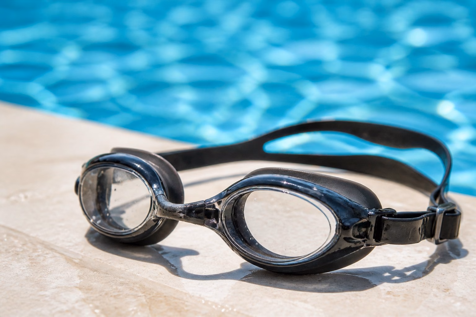 Prescription swimming goggles resting beside a clear blue swimming pool.