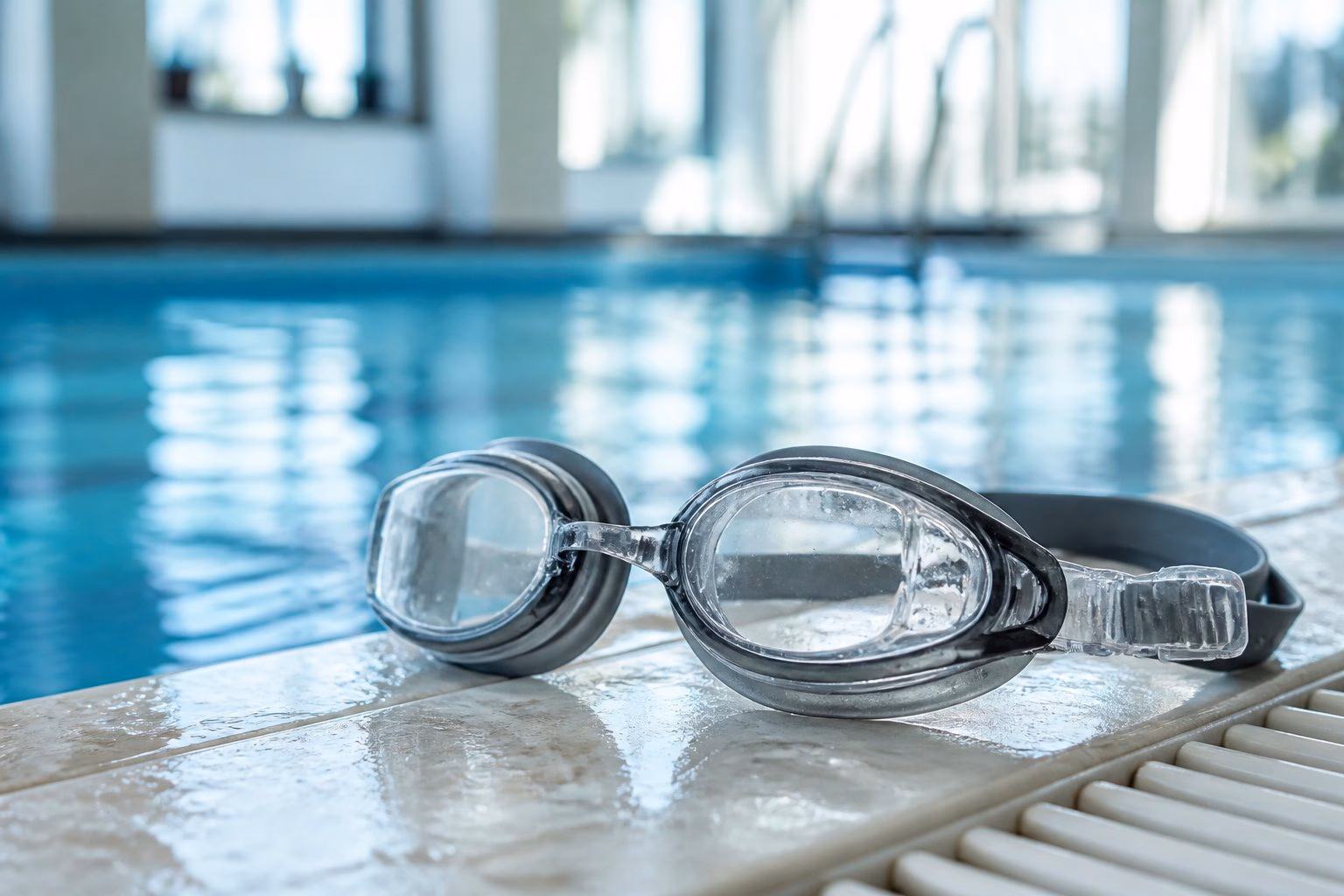 Prescription swimming goggles resting beside a clear blue swimming pool.