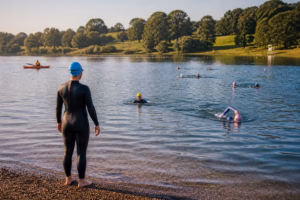 Swimmers enjoying an open water lake venue surrounded by green parkland.
