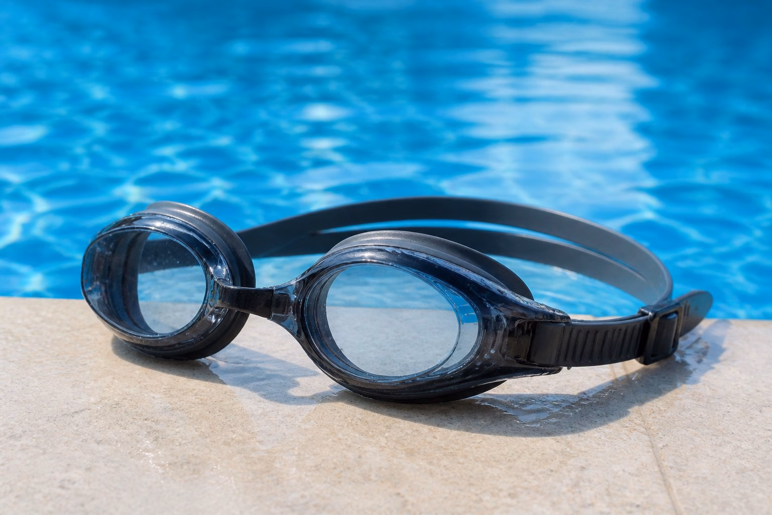 A pair of swimming goggles resting beside a clear blue swimming pool.