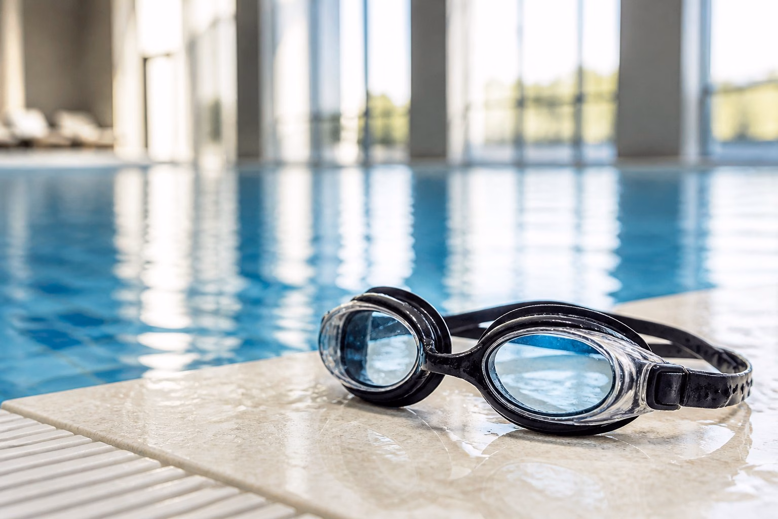 Anti-fog swimming goggles resting beside the clear blue water of an indoor swimming pool.