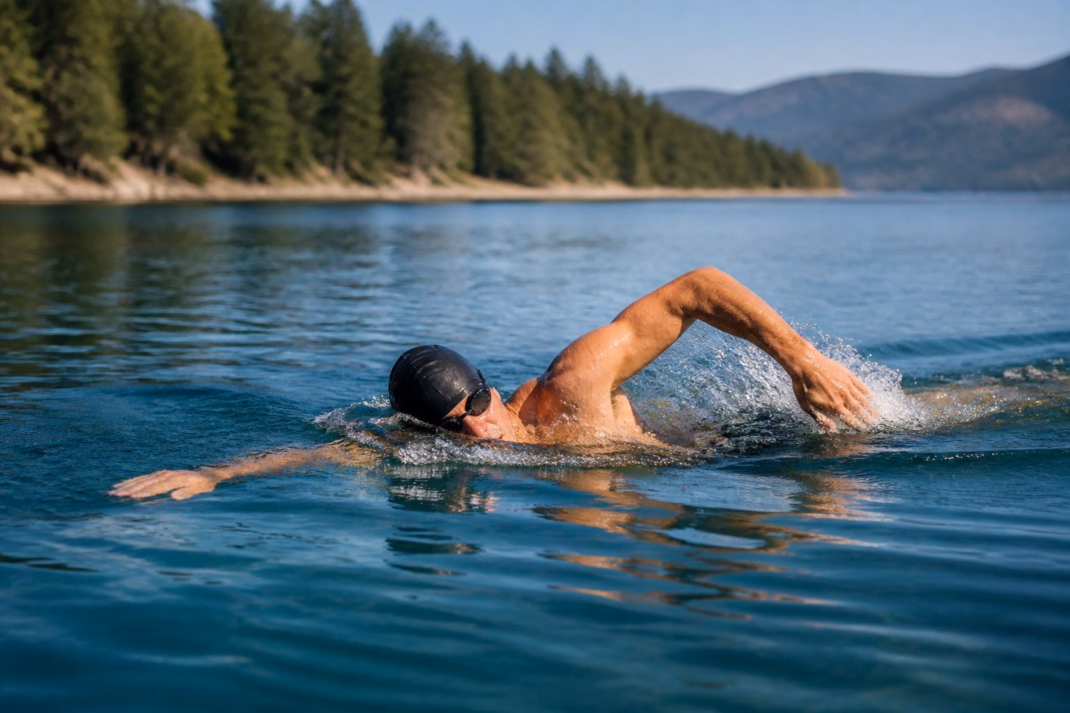 A swimmer doing front crawl in a calm open-water lake near a tree-lined shore.
