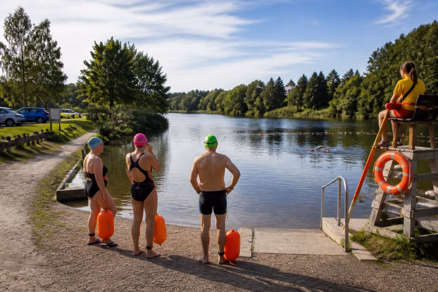 Swimmers prepare to enter a calm, supervised lake at a designated open-water swimming area.