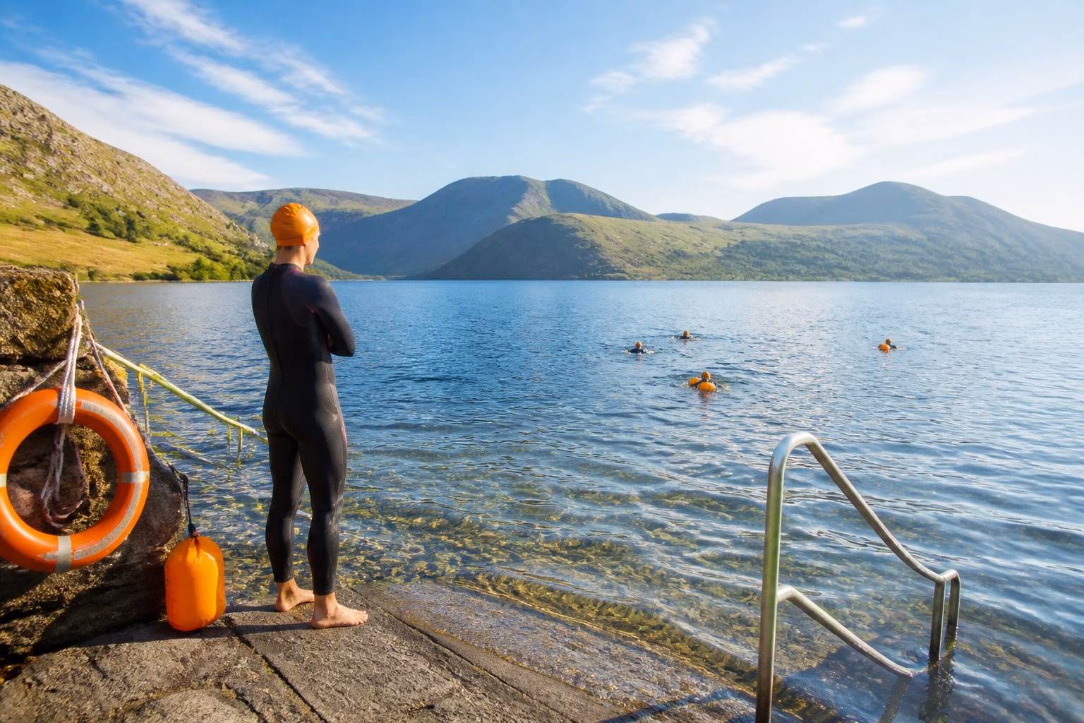 A swimmer checks a calm open-water swimming area beside a safe shoreline entry point.