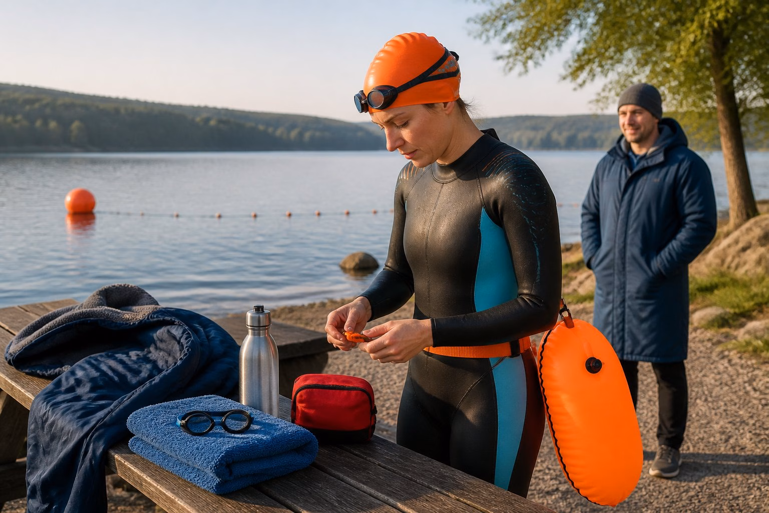 A beginner swimmer checks safety equipment beside a calm lake before entering the water.