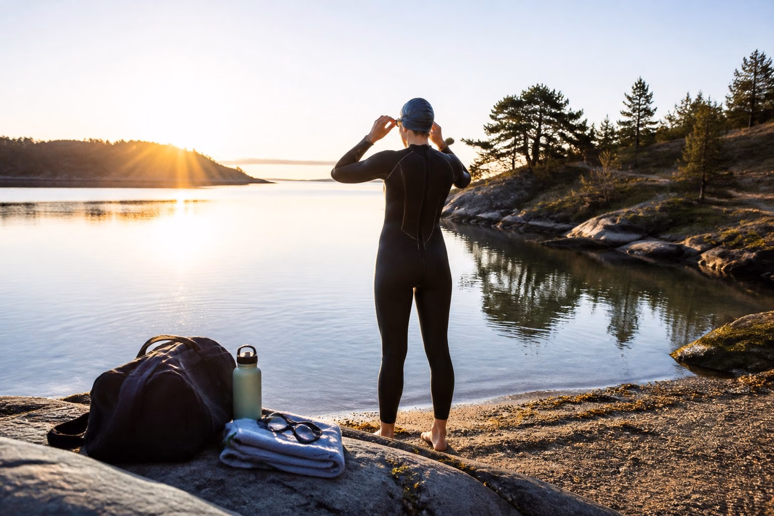 A swimmer prepares to enter a calm natural swimming spot beside a neatly arranged swim bag and equipment.