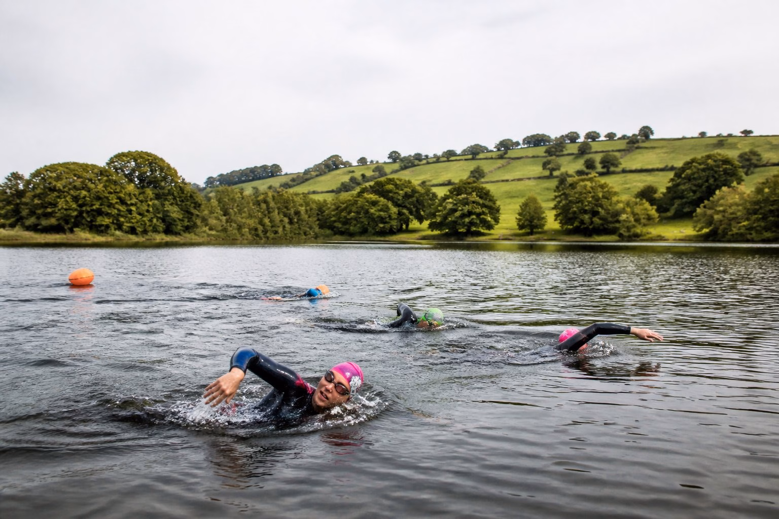 Swimmers in wetsuits crossing a calm lake surrounded by green Yorkshire countryside.