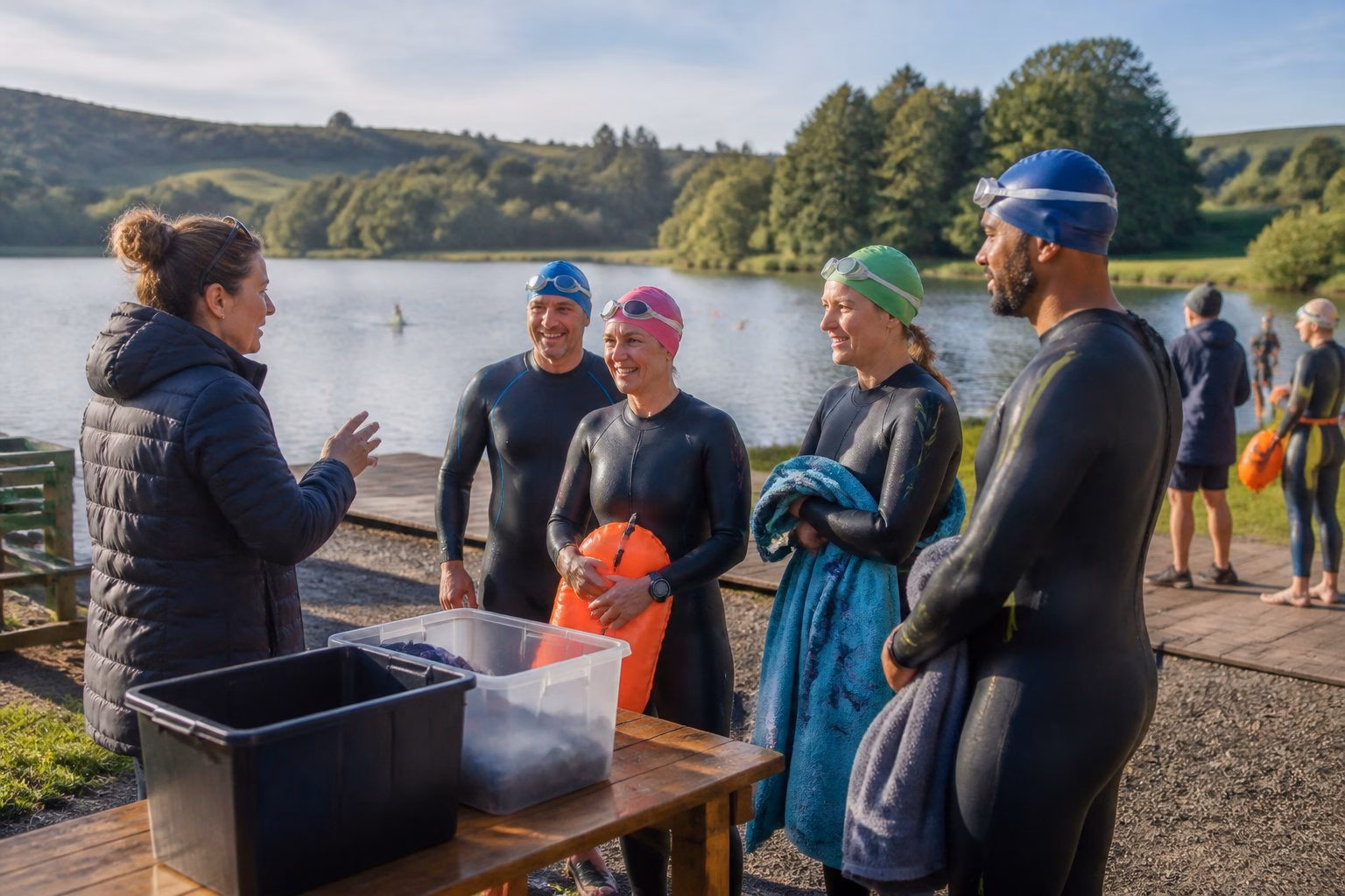 Swimmers and a coach gather beside a calm open-water lake near Leeds.