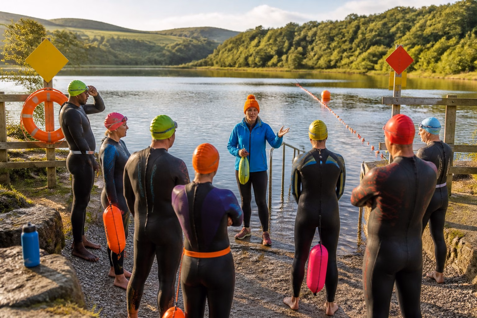Open-water swimmers prepare safely beside a managed lake surrounded by greenery near Leeds.