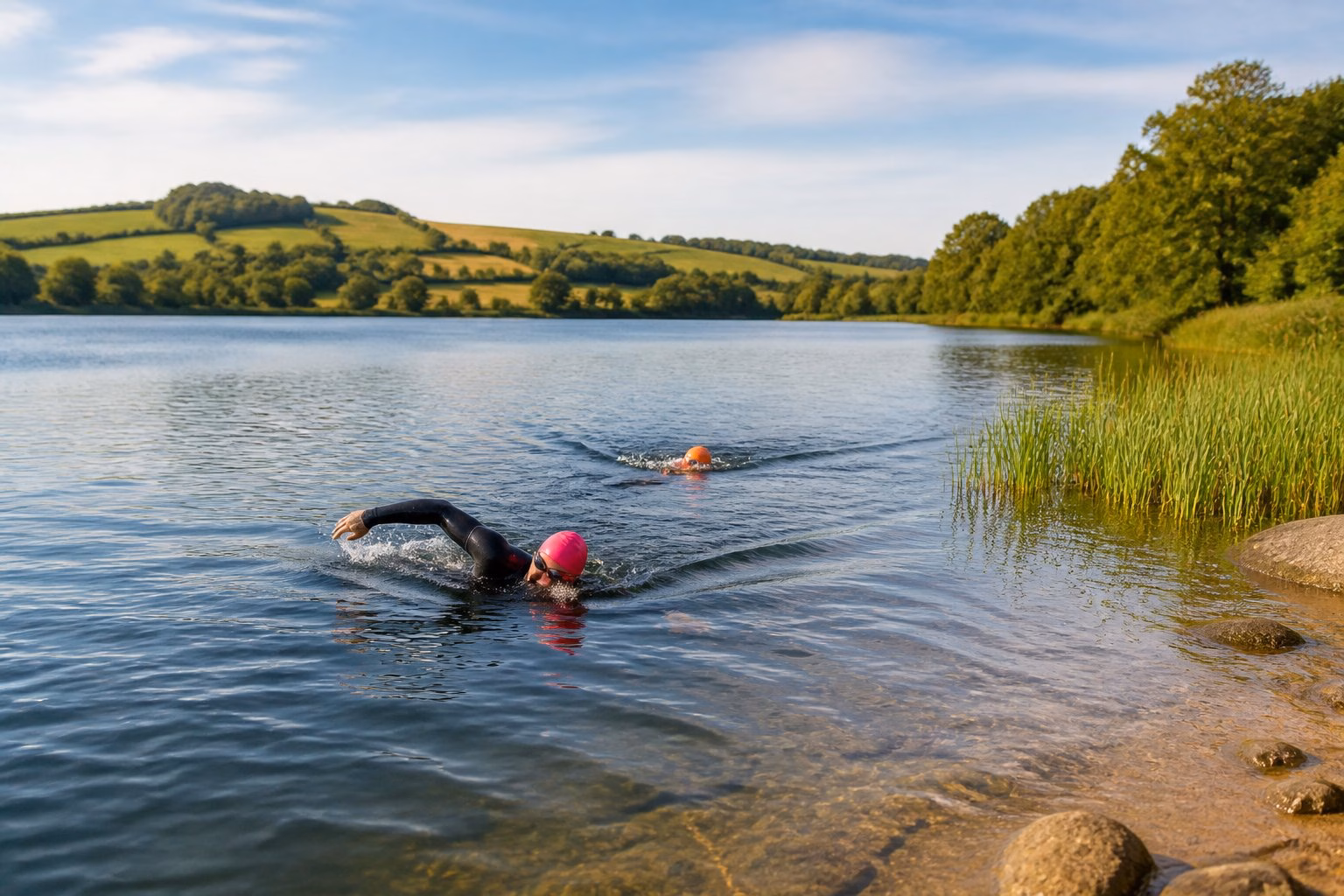 Swimmers in wetsuits enjoying open water in a calm lake near the Leeds countryside.