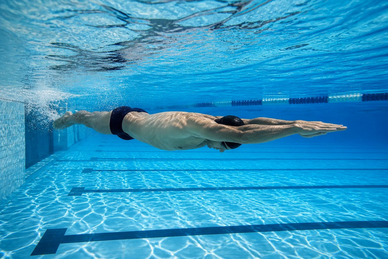 Swimmer gliding underwater in a streamlined position in a swimming pool.