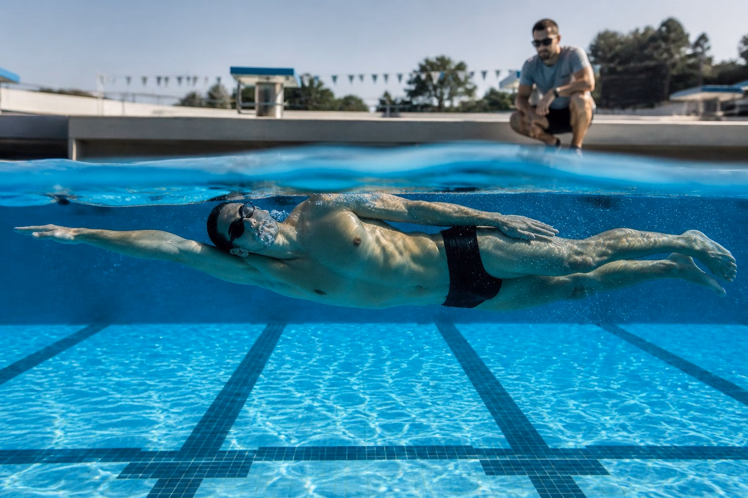Swimmer practising a side-lying body position drill in a swimming pool.