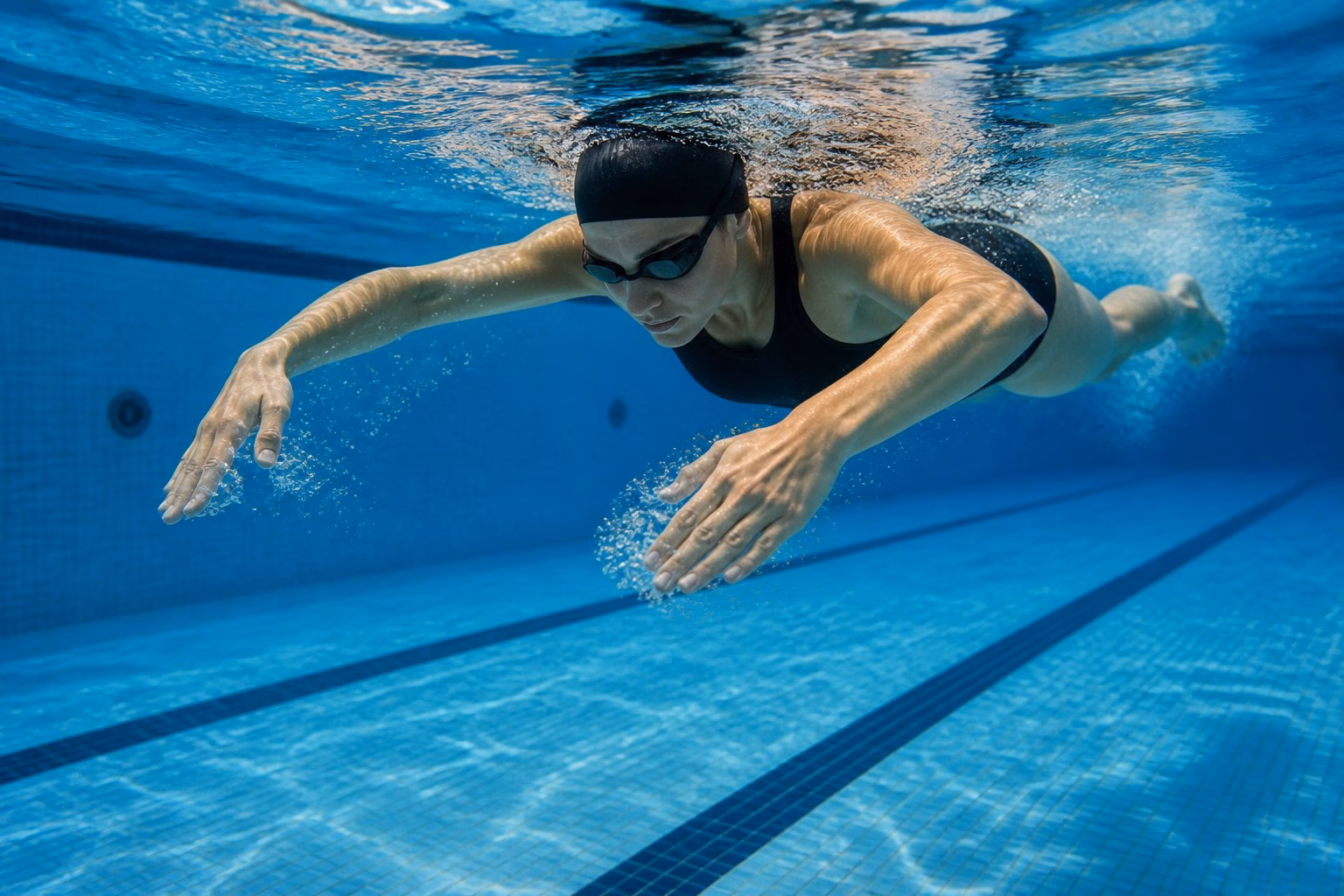 Swimmer practising a front scull drill underwater with arms extended and hands sweeping to improve the freestyle catch.