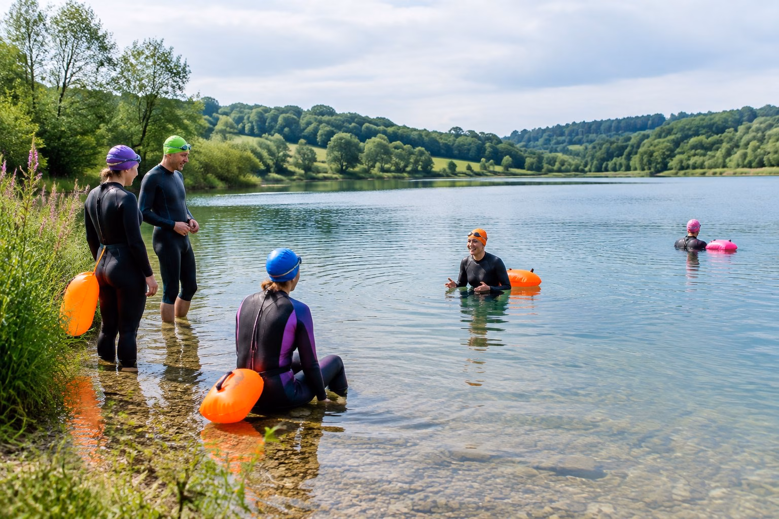 A diverse group of adults joins a guided open-water swimming session at a peaceful Hampshire lake.
