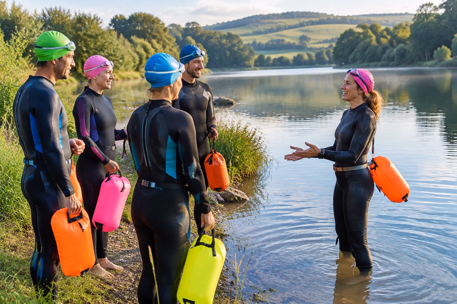 A guided group of wild swimmers prepares to enter a peaceful Hampshire lake with an outdoor swimming guide.