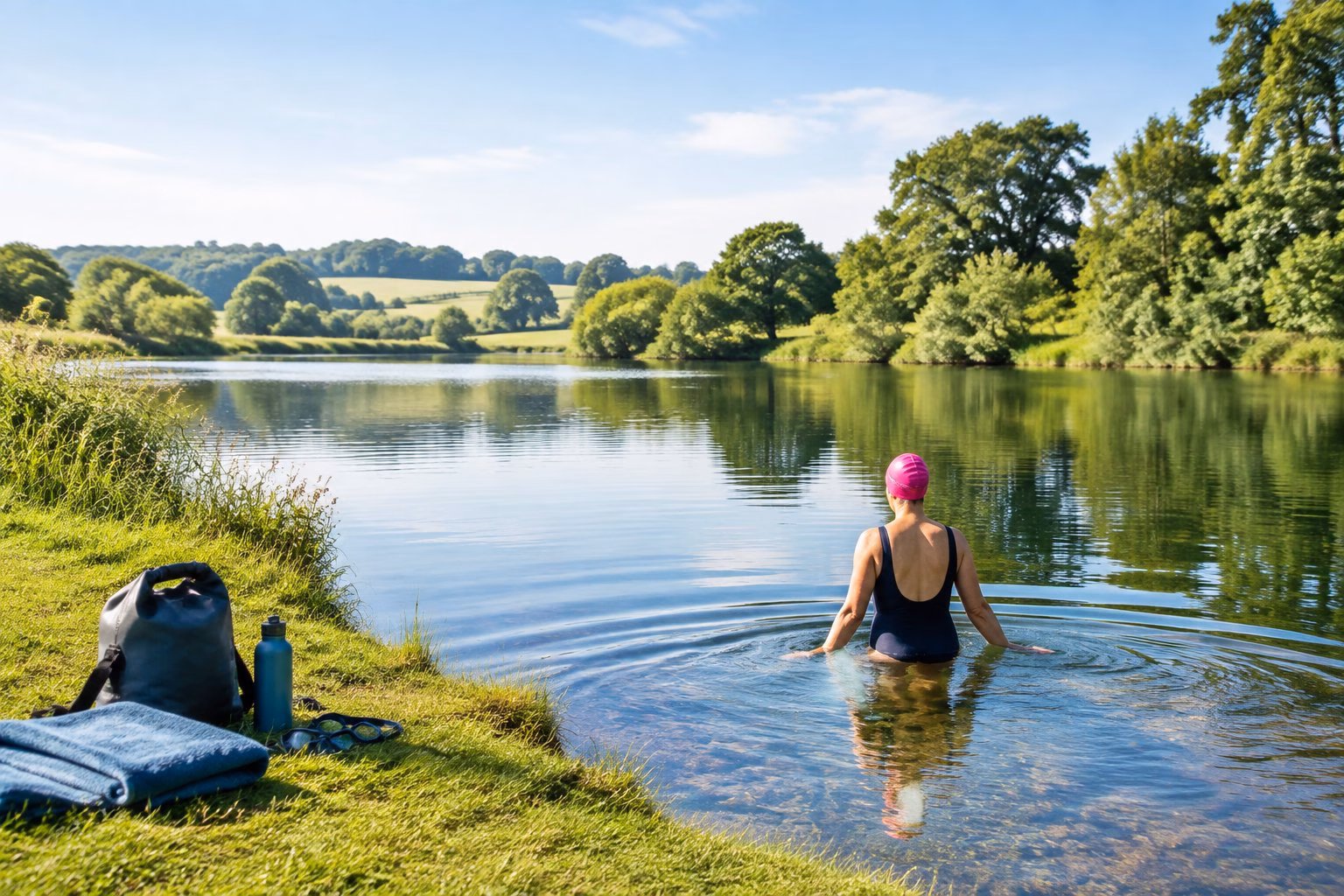 A wild swimmer entering a calm freshwater lake surrounded by green Hampshire countryside.