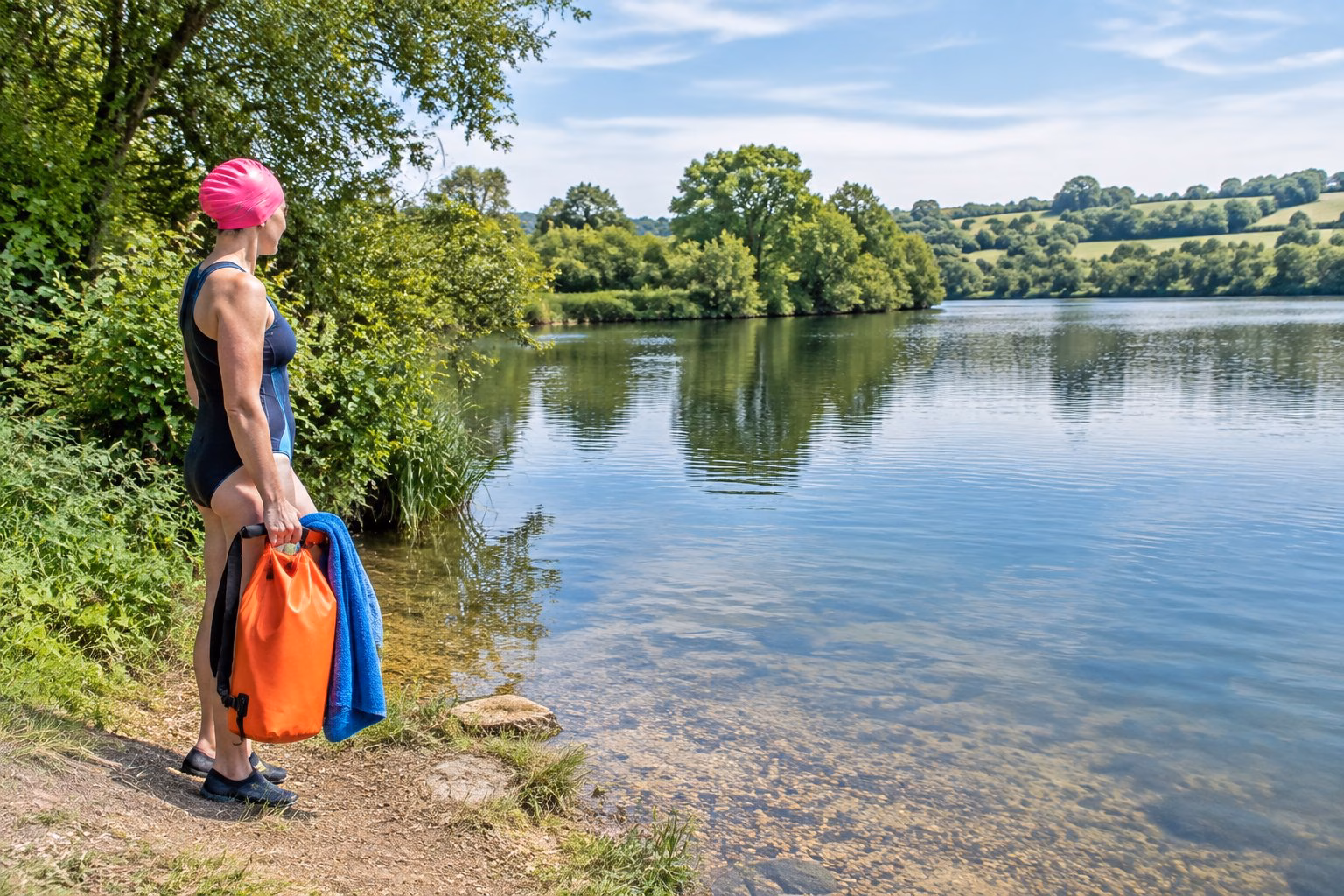 A swimmer pauses beside a calm river in the green Hampshire countryside to assess the water before entering.