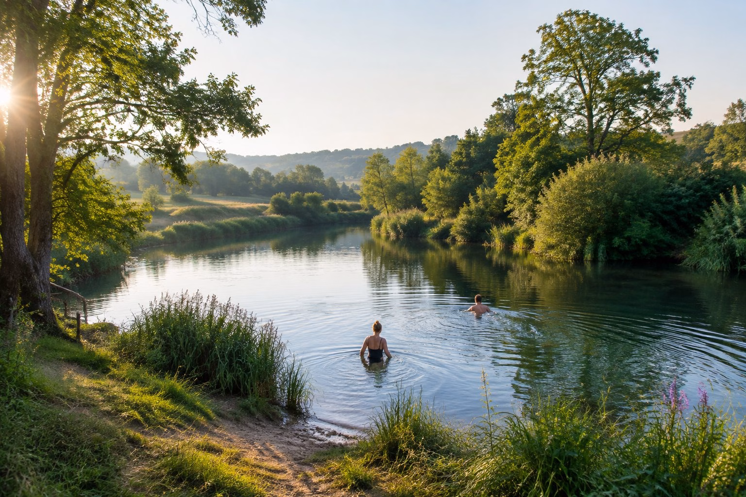Swimmers enjoying a clear natural pool surrounded by green Hampshire countryside.