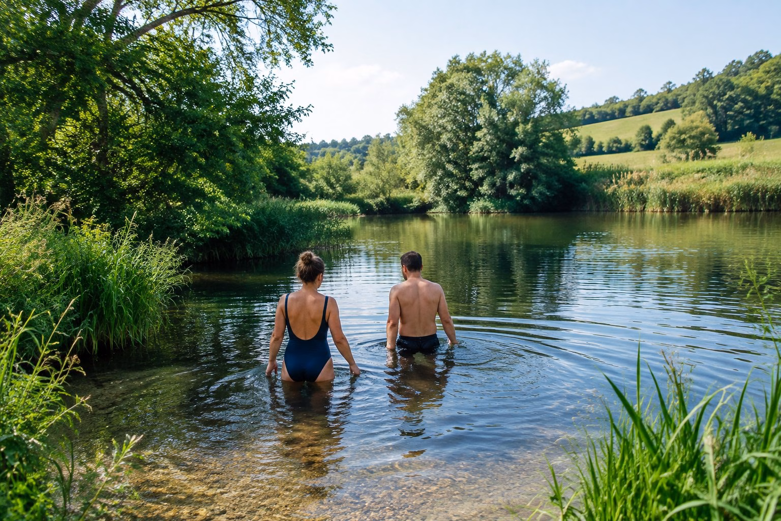 Swimmers enjoying a clear natural pool surrounded by green Hampshire countryside.