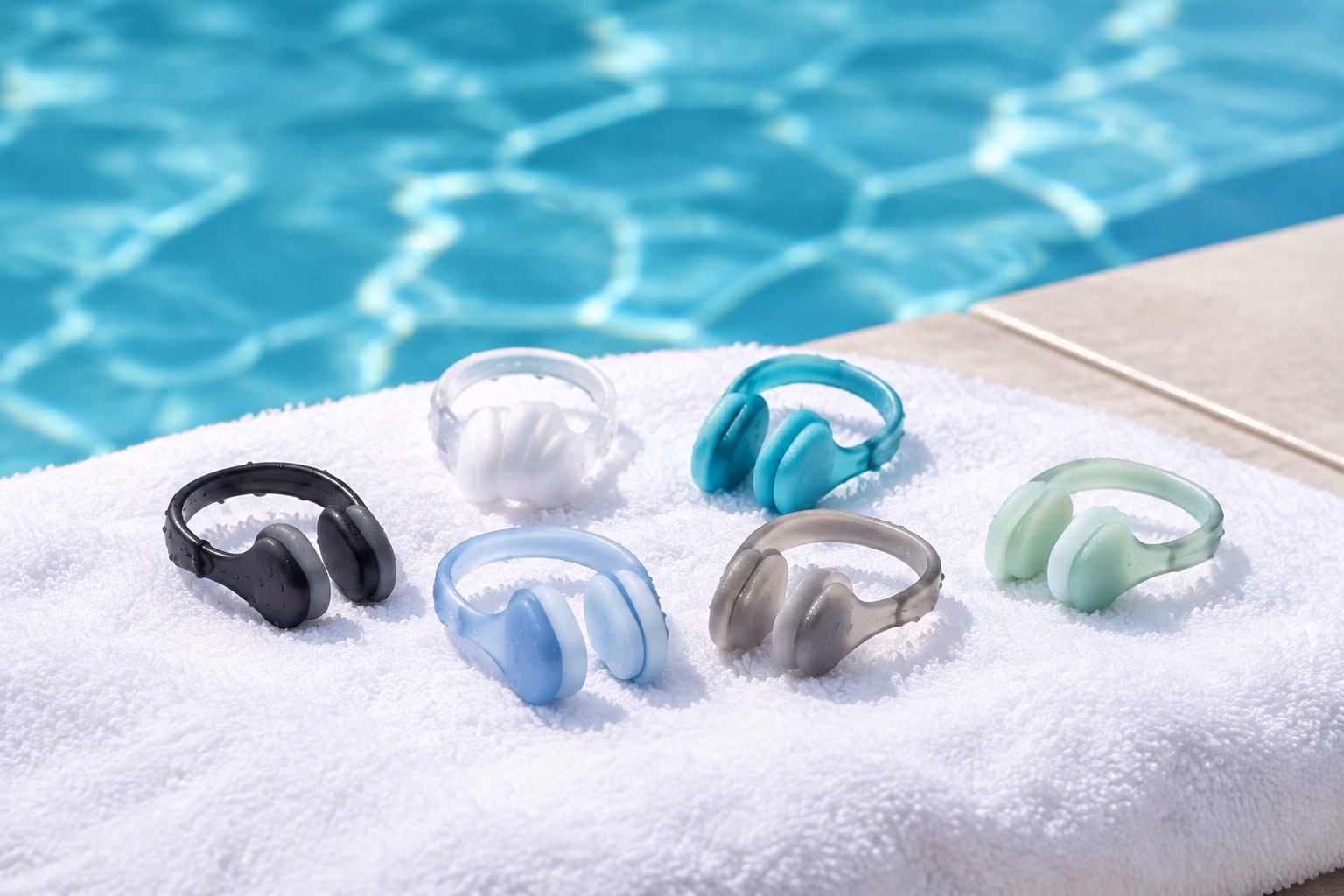Swimming nose clips arranged on a white towel beside a swimming pool.