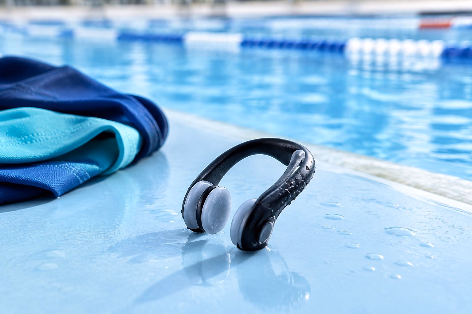 A swimming nose clip beside a modern pool with soft blue water in the background.