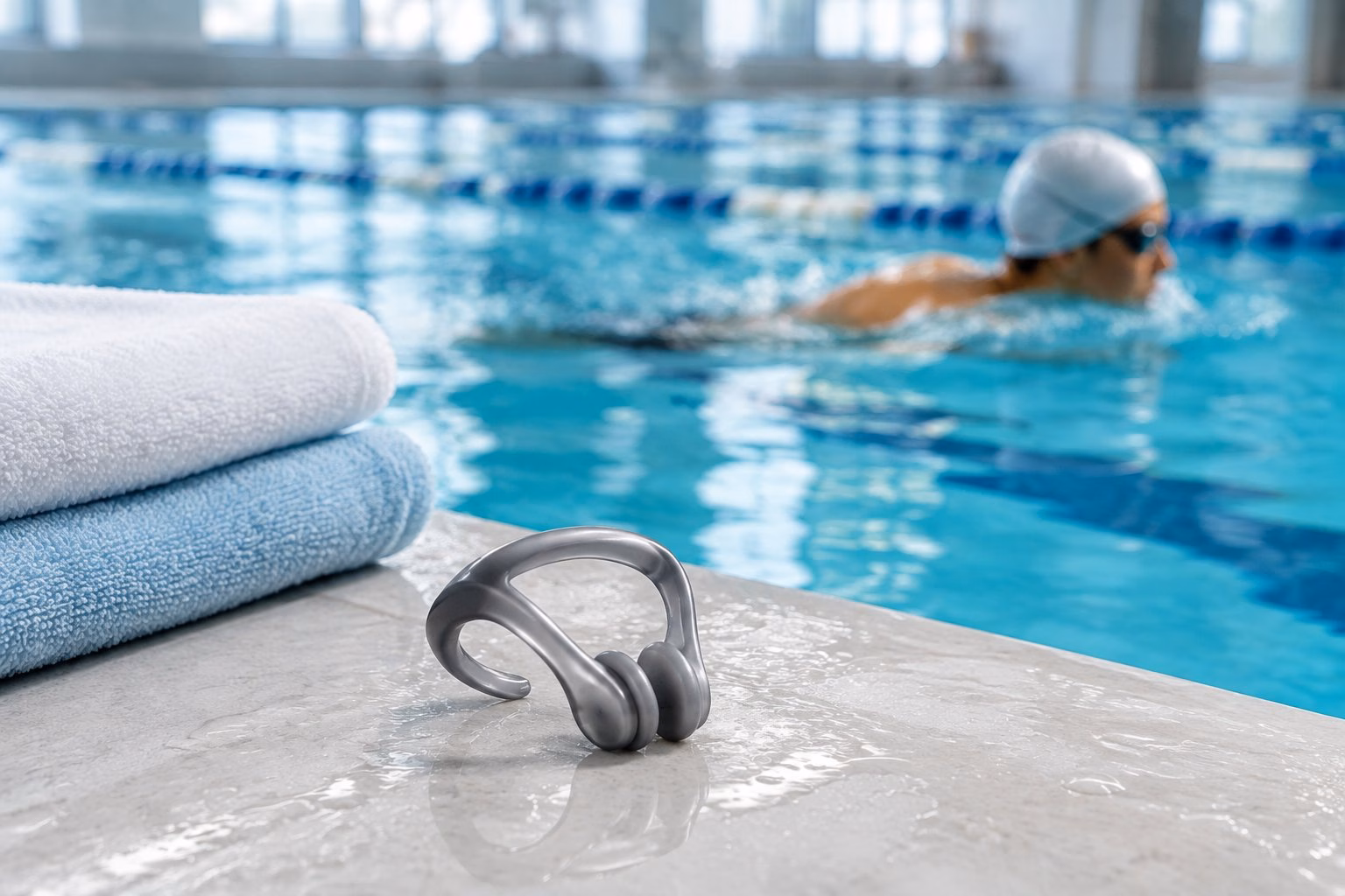 A swimming nose clip rests beside folded towels at the edge of an indoor pool.