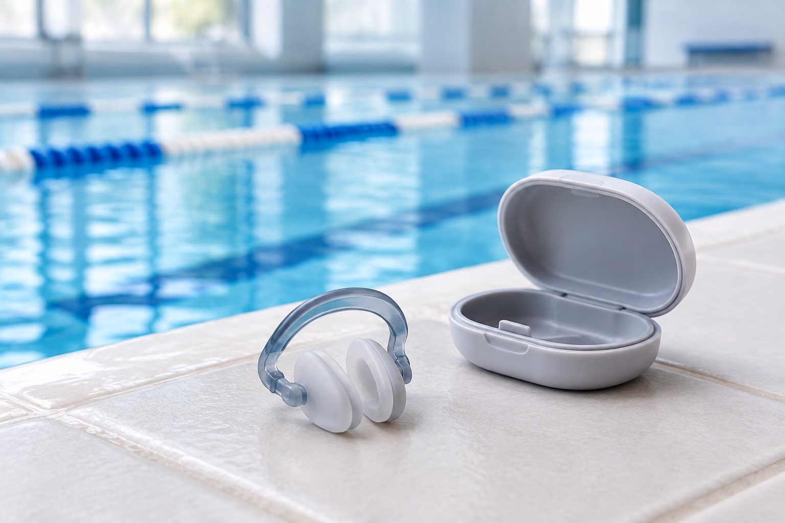 Silicone swimming nose clip and protective case beside an indoor swimming pool.