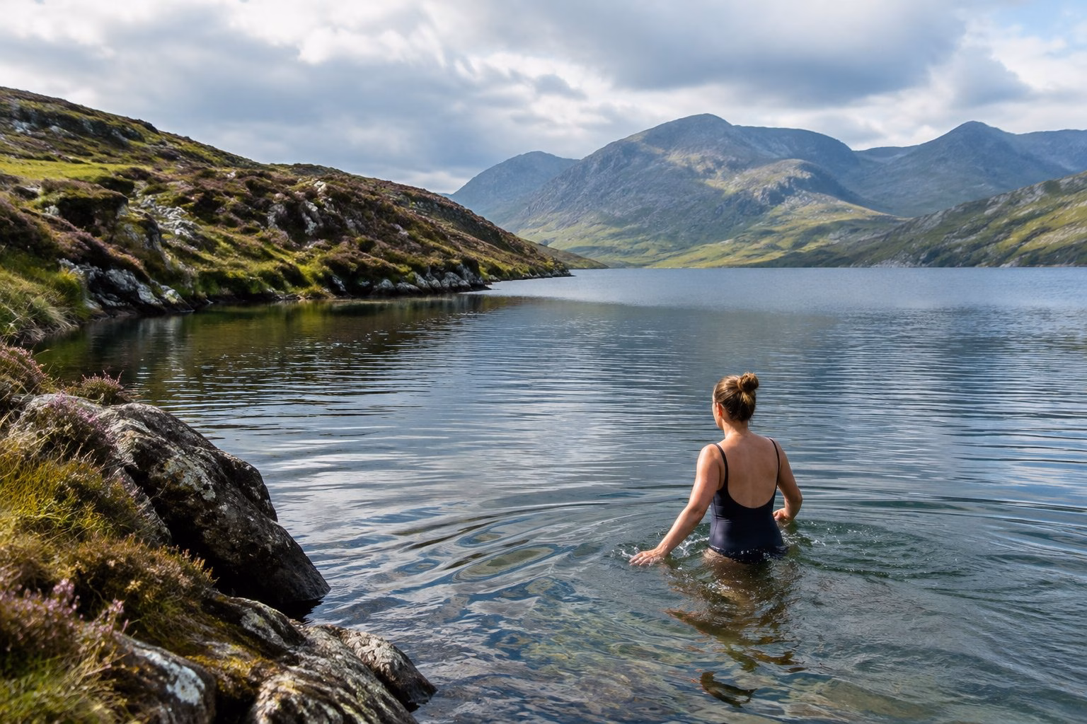 A swimmer enters a clear mountain lake surrounded by green hills and rocky shores in North Wales.