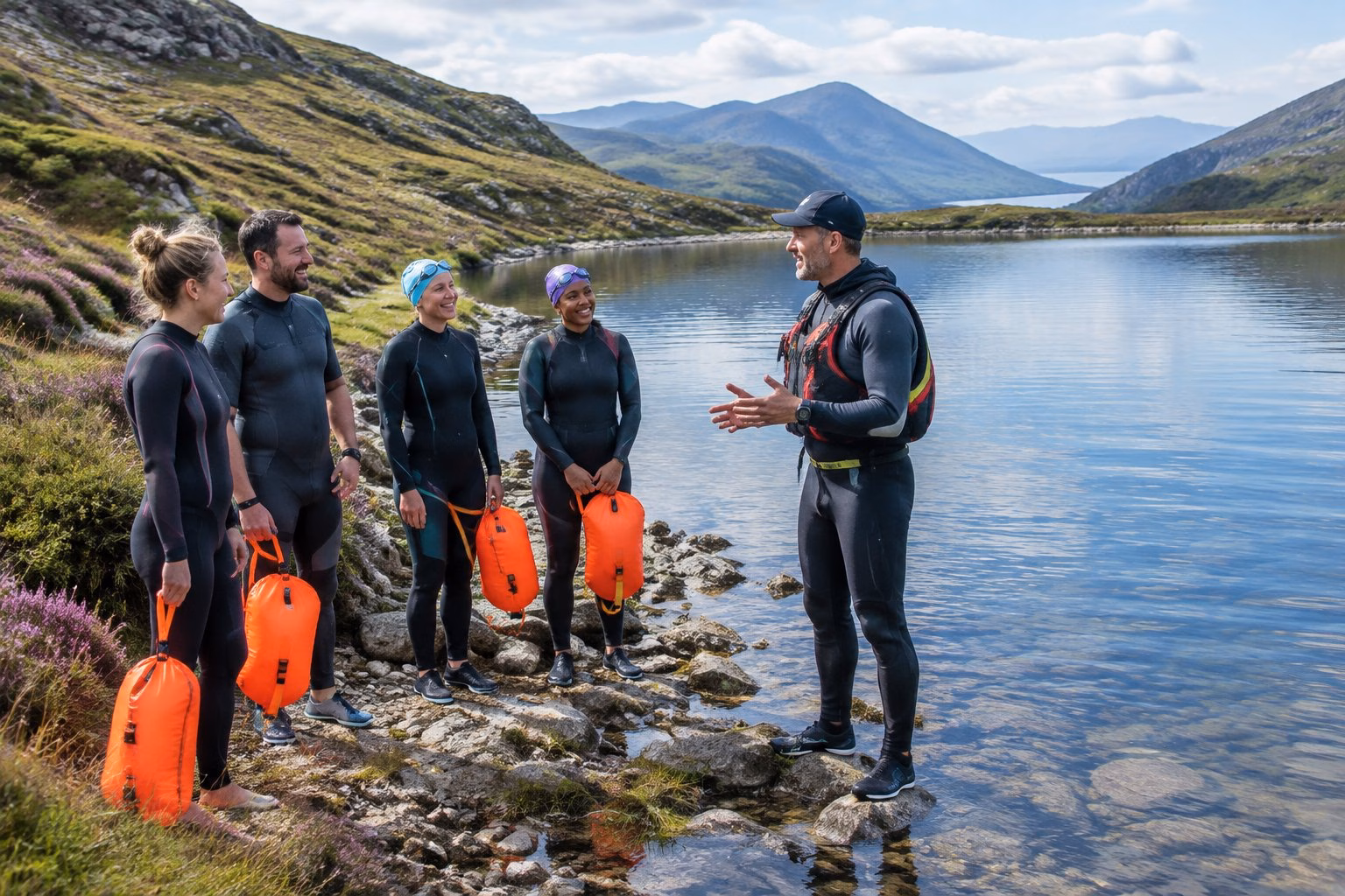 A guided group of swimmers preparing to enter a clear Welsh lake surrounded by green hills and rocky shoreline.