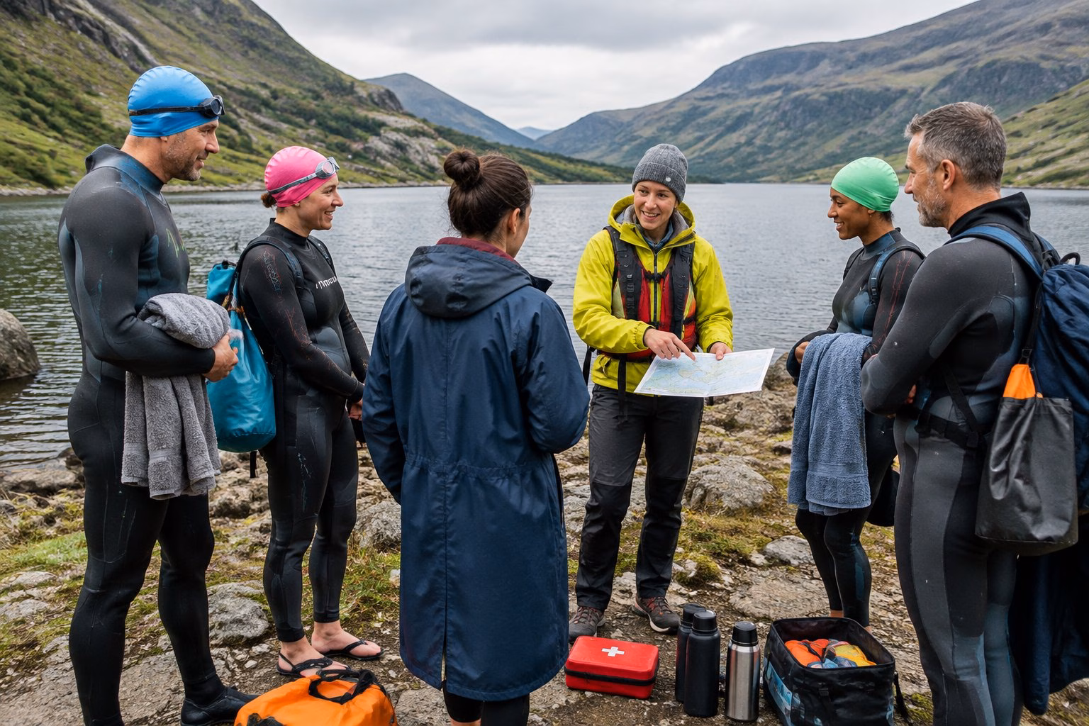 A group of swimmers meets a guide beside a scenic lake in the green hills of North Wales.