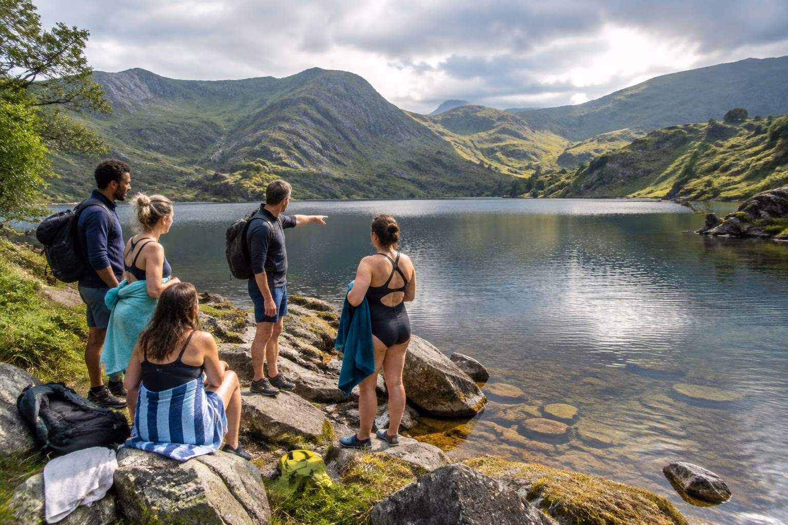 A group of swimmers assess a calm natural pool surrounded by green Welsh hills.