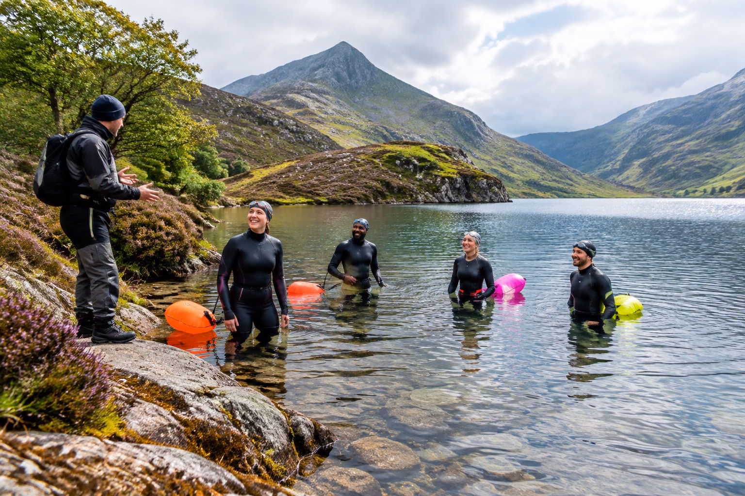 Swimmers with a guide at a clear mountain lake in North Wales.