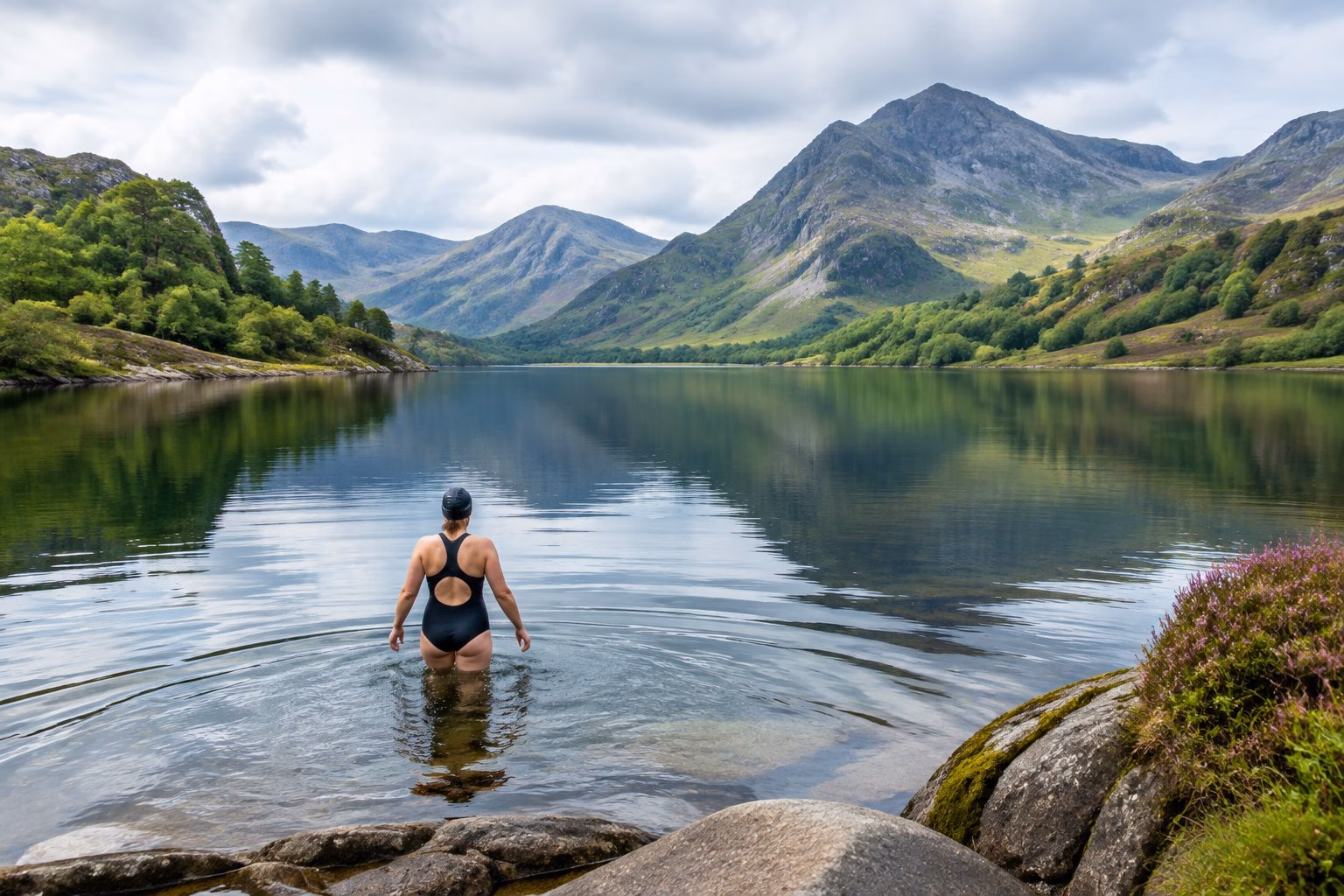 A swimmer enters a clear mountain lake surrounded by green hills in North Wales.