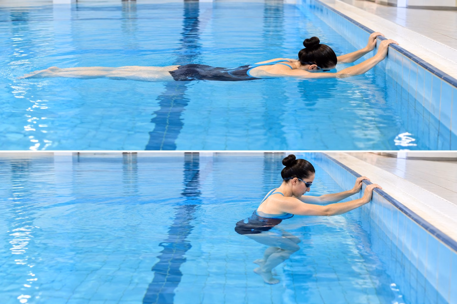 Beginner swimmer holding the pool wall while practising a front float and returning to standing.
