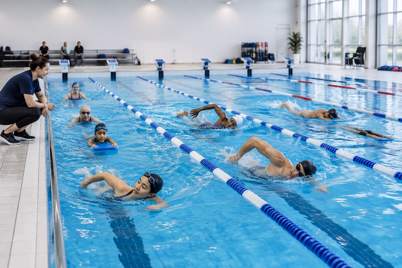 Beginners and competitive swimmers complete different warm-up exercises in adjacent lanes at an indoor swimming pool.
