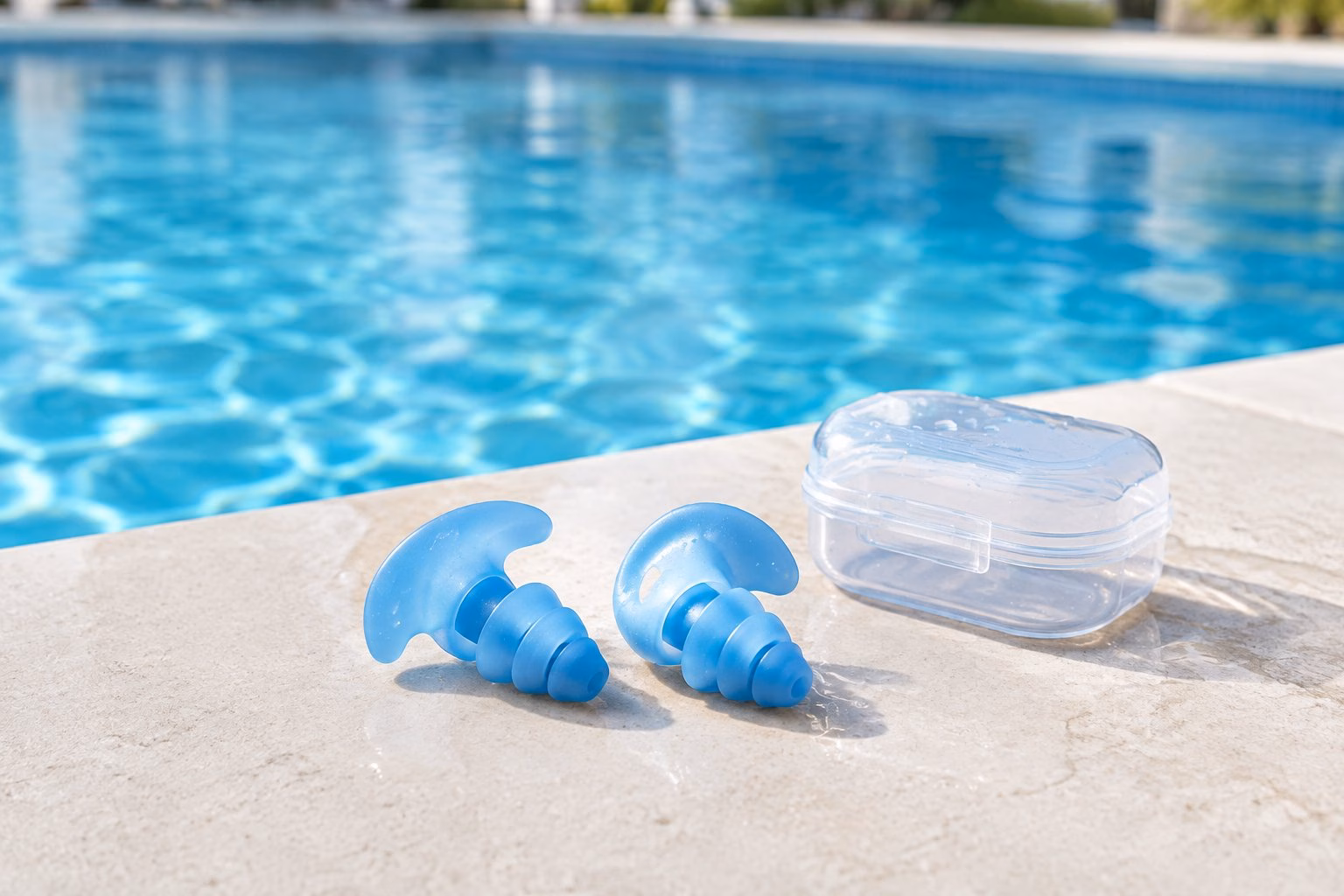 A pair of swimming ear plugs and a clear storage case beside a swimming pool.