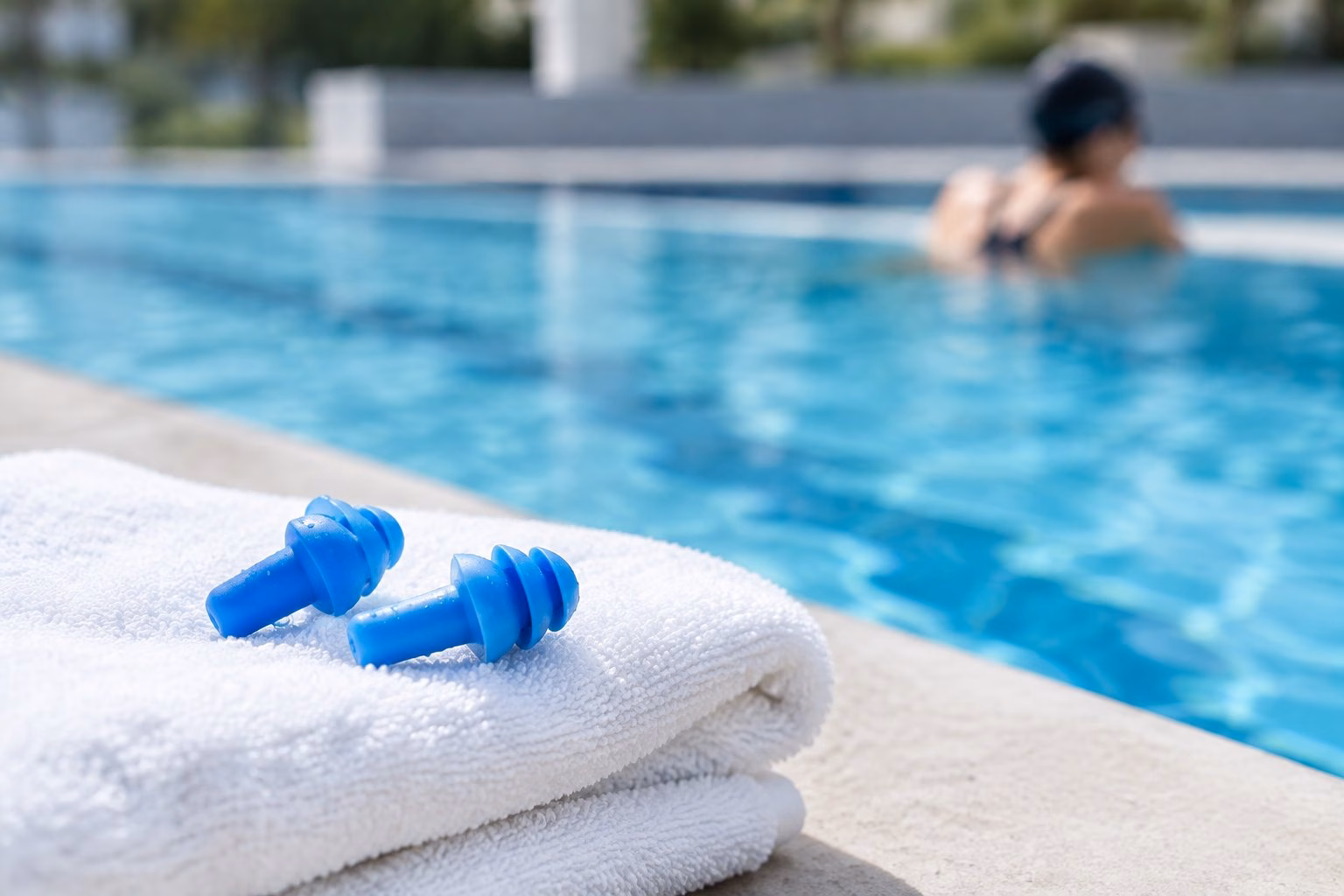 Swimming earplugs on a white towel beside a blue swimming pool.