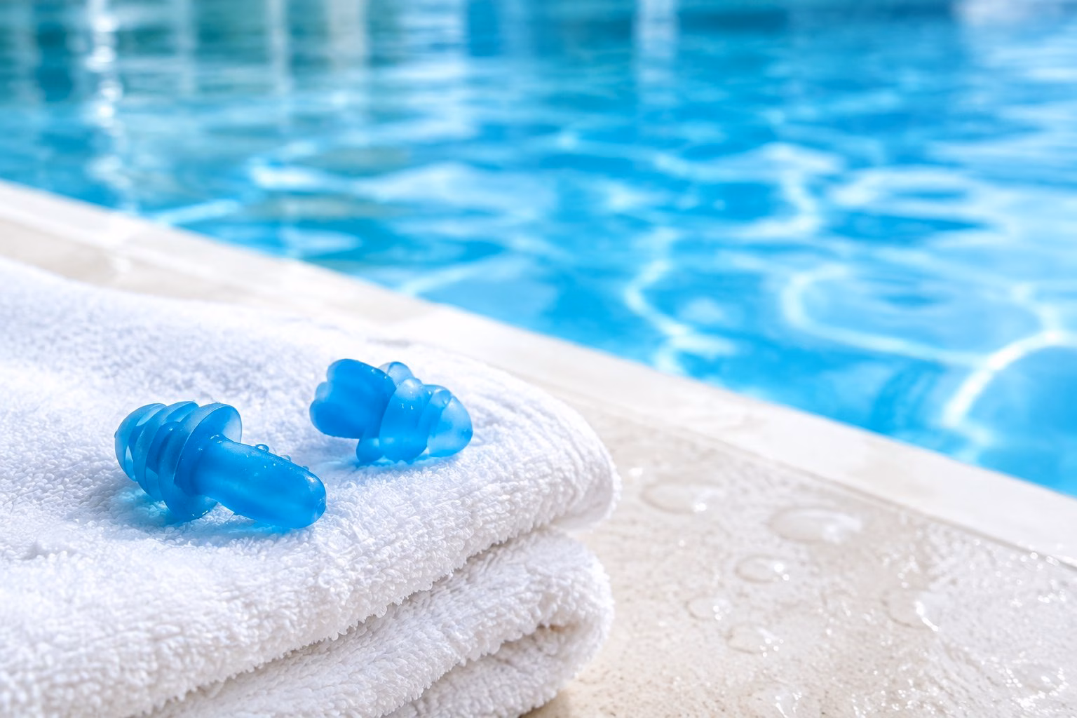 Waterproof silicone earplugs resting on a white towel beside a blue swimming pool.