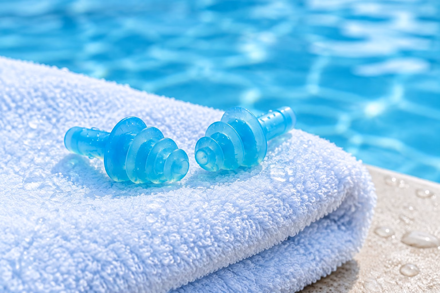 A pair of aqua-blue swimming earplugs rests on a folded towel beside a pool.