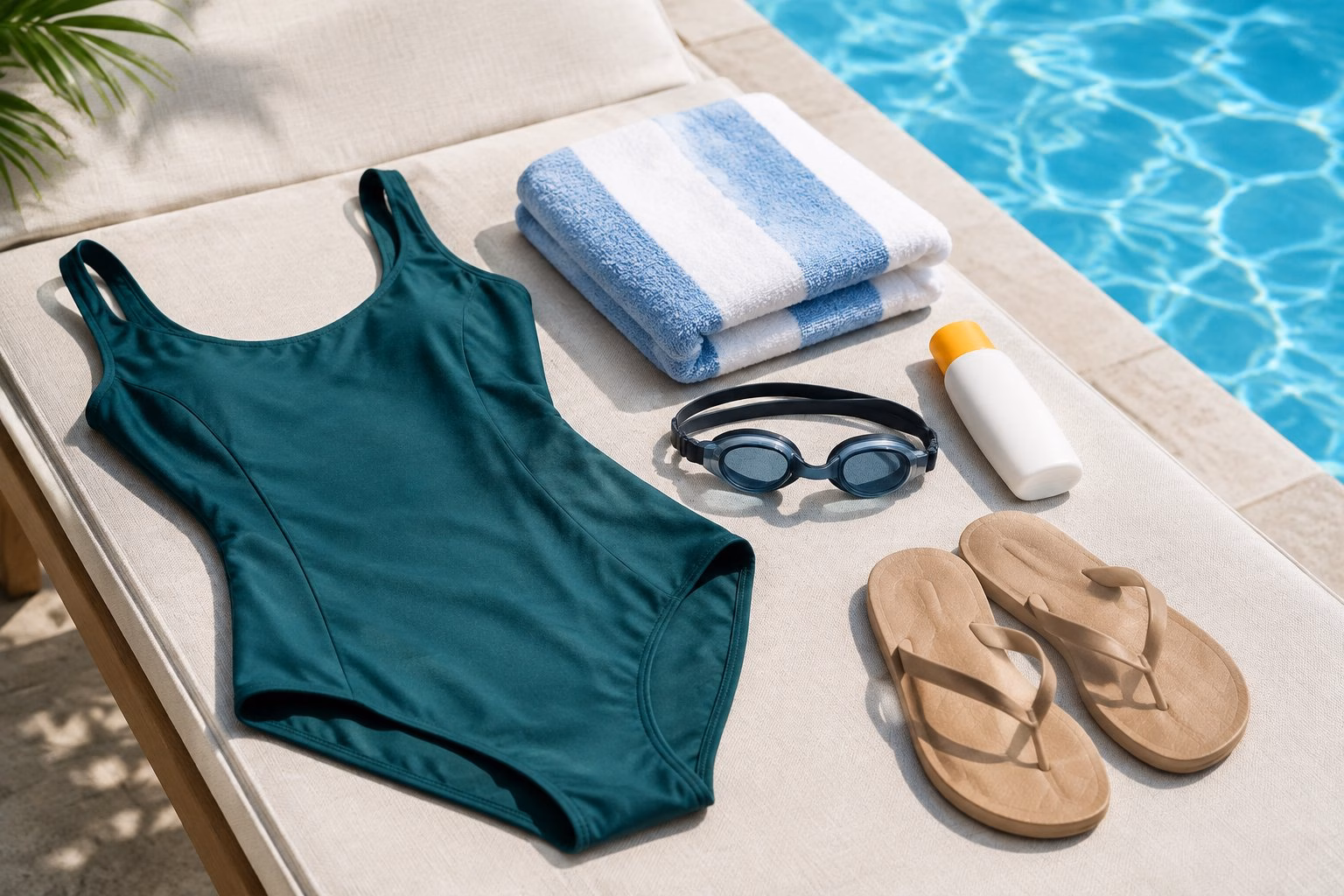 A swimsuit, towel, goggles, sunscreen and sandals arranged beside a swimming pool.