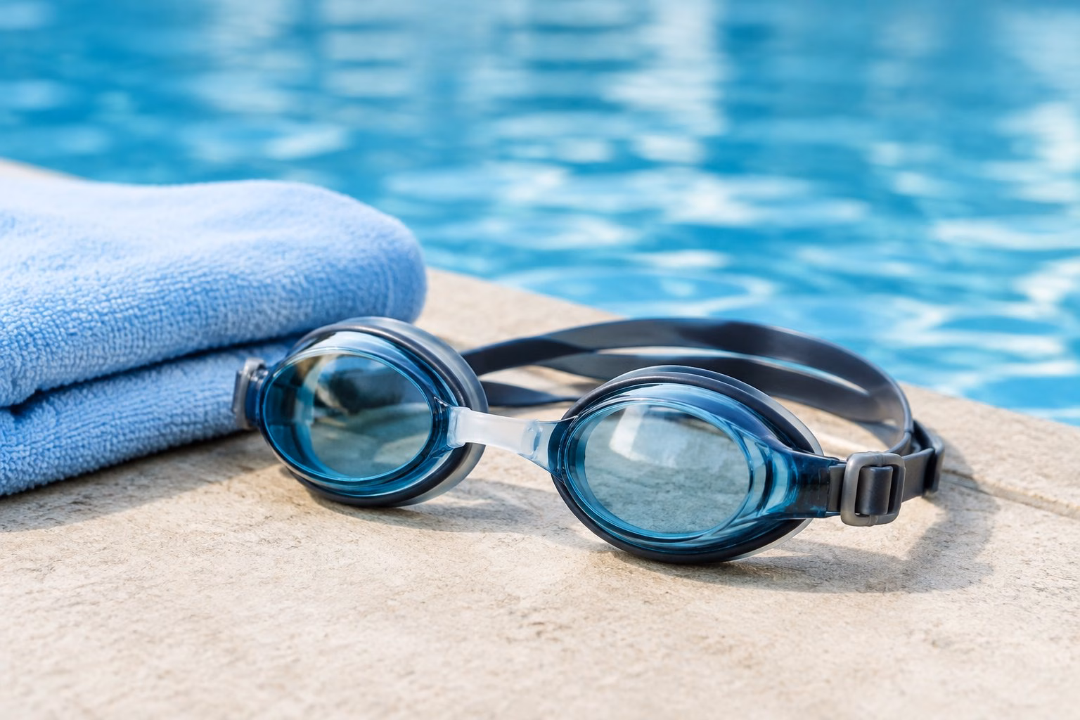Swimming goggles rest beside a folded towel at the edge of a pool.