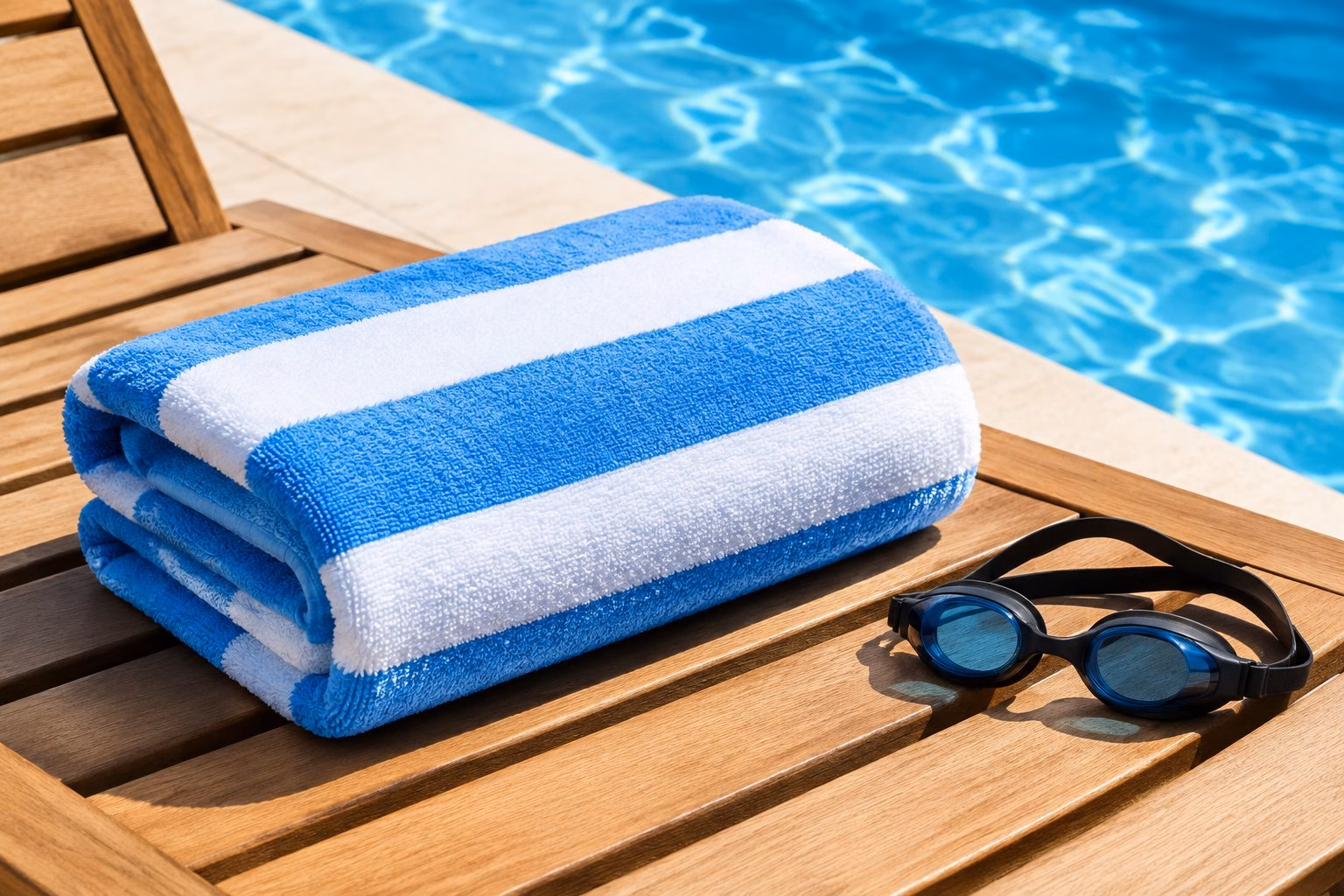A folded towel and swimming goggles on a lounger beside a pool.