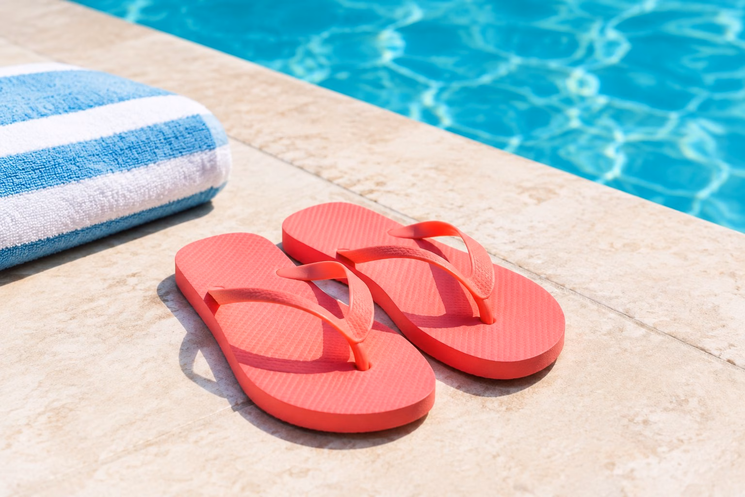 A pair of flip-flops beside a swimming pool.
